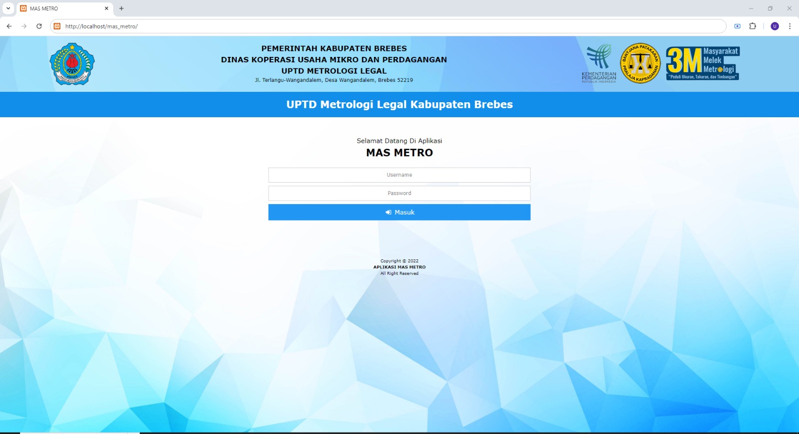 Lunching Aplikasi Berbasis Web " Si Mas Metro " Sistem Aplikasi Masyarakat Melek Metrologi UPTD Metrologi Legal